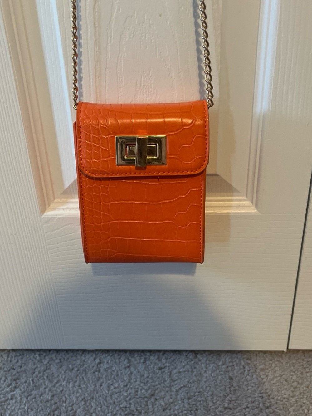 Orange Croc-Embossed Crossbody Bag with Gold Chain